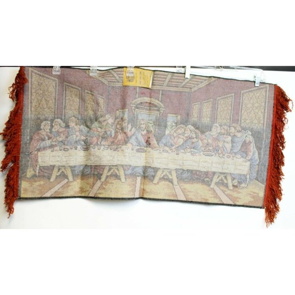 Vtg 70s P&C Last Supper Velvet Tapestry Wall Hanging 39x19 Red Fringe Religious - Picture 6 of 8